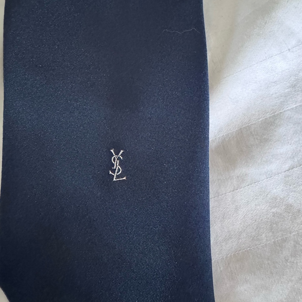 Yves Saint Laurent Dark Navy Silk Tie with White YSL Logo